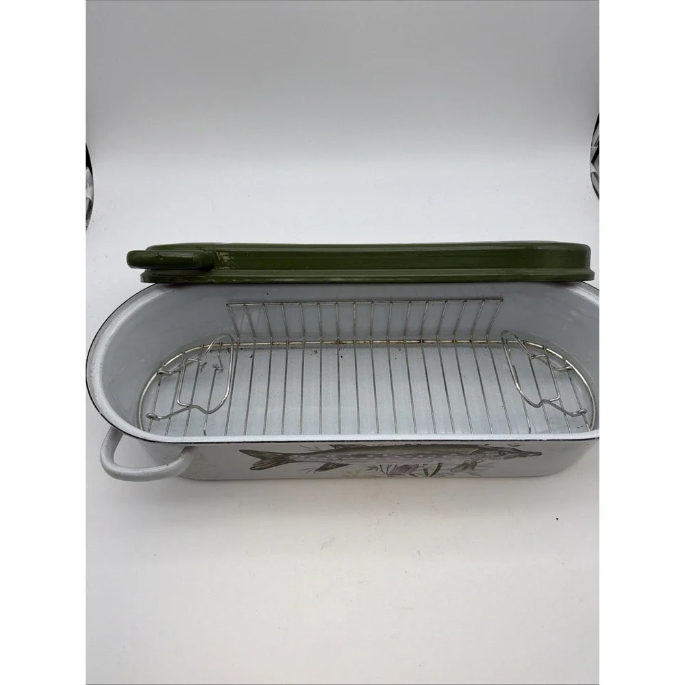 Fish poacher, asparagus steamer, with rack, enamel ware, French vintage